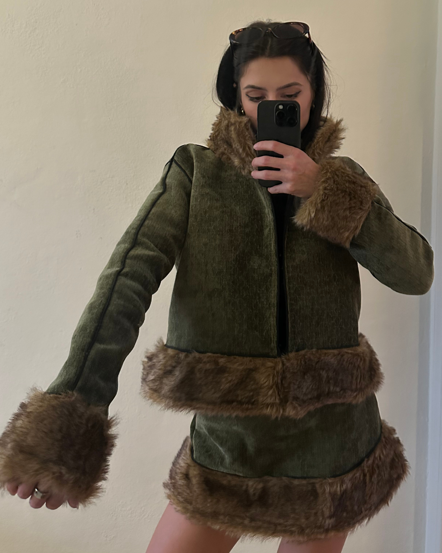 Fur Trim Mini Coat (Olive Green)